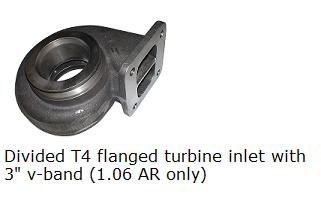 Divided T4 flanged turbine inlet with 3" V-band (1.06AR only)